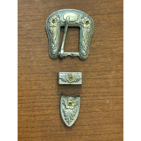 Vintage 3 PC Southwestern Silver & Gold Belt Buckle Hardware Set Unknown Mark main image 6